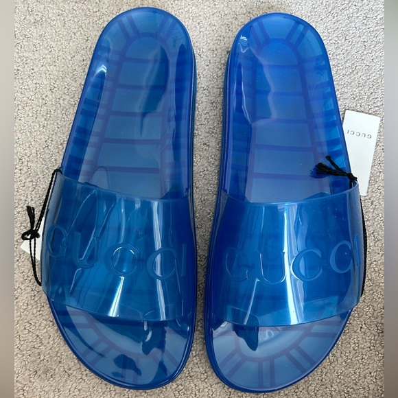 Gucci men’s blue clear, rubber slides NWT - Picture 2 of 8